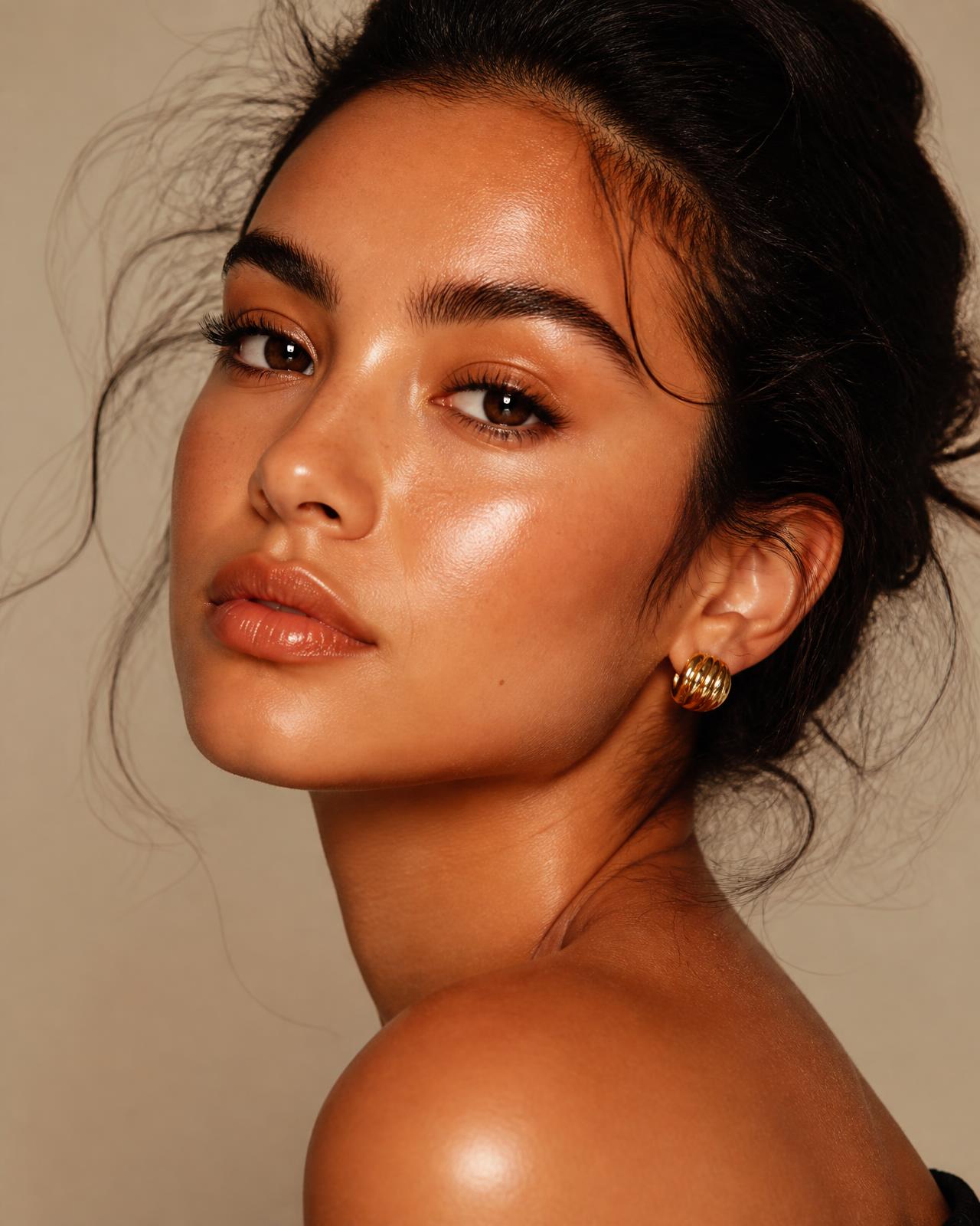 Model with glowing skin, laminated brows and lifted lashes